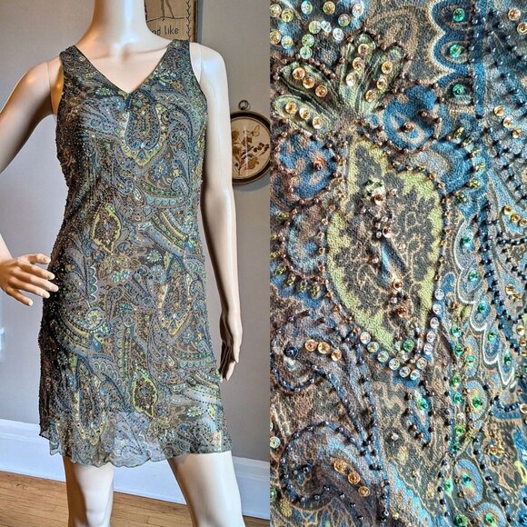 Vintage Y2K Georgiou Studios Silk Mini Dress Beaded Sequin Whimsigoth Party 2 - Picture 1 of 15